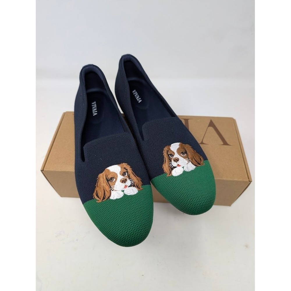 VIVAIA Audrey Embroidered Loafers Navy Green Cavalier Dog Flat Shoes sz 10 NWT